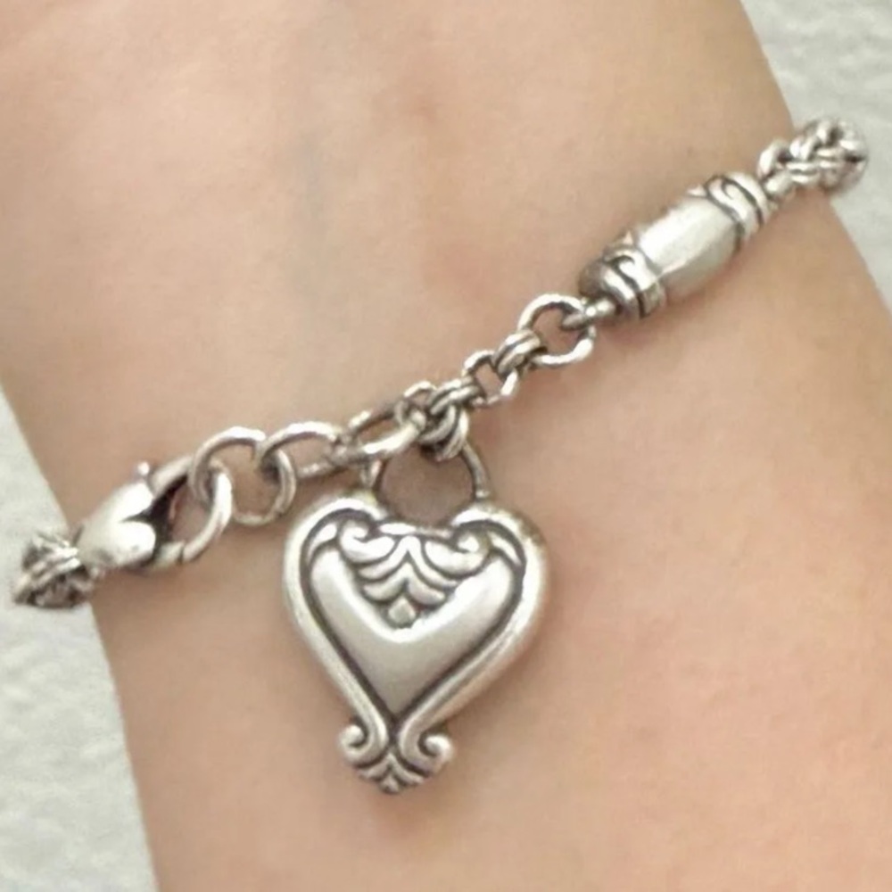 Brighton Silver Plated Link Scroll Heart Charm Bracelet
